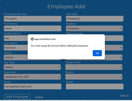 Adding employee with now existing division or department