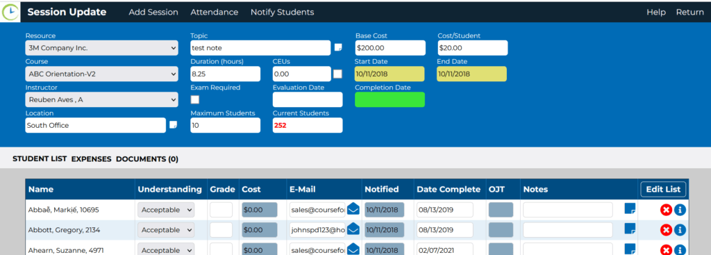 The Student list showing e-mails, dates, costs and grades