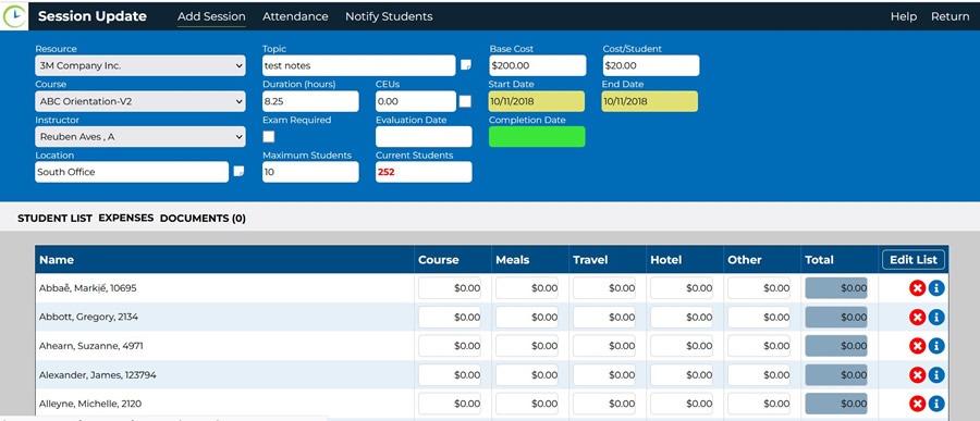 Student List option to see expenses in list form