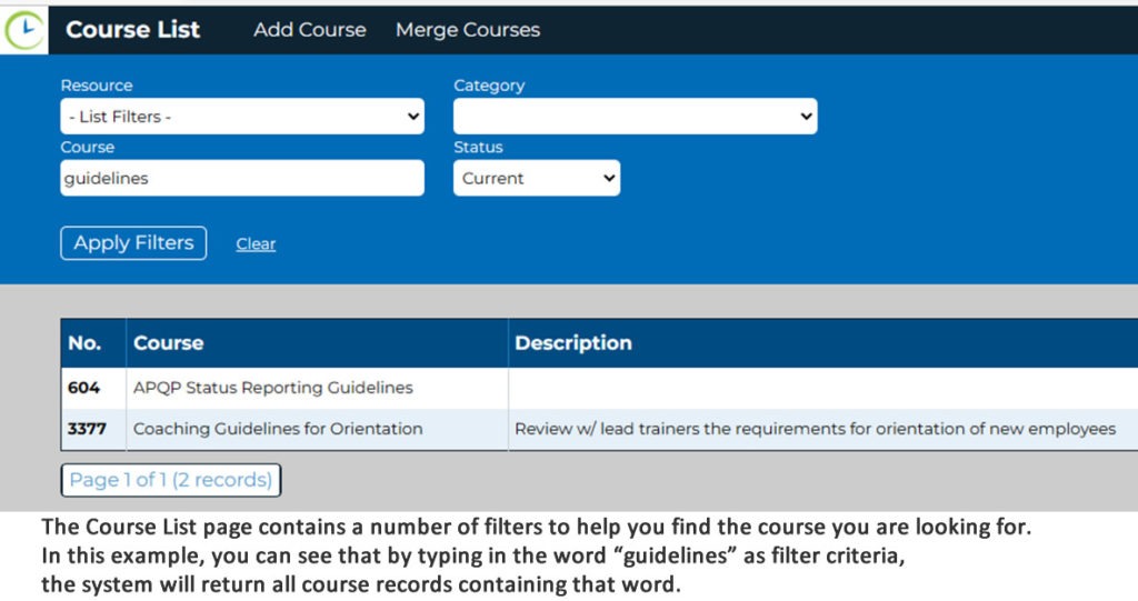 Using filters to search in Courseforce by typing